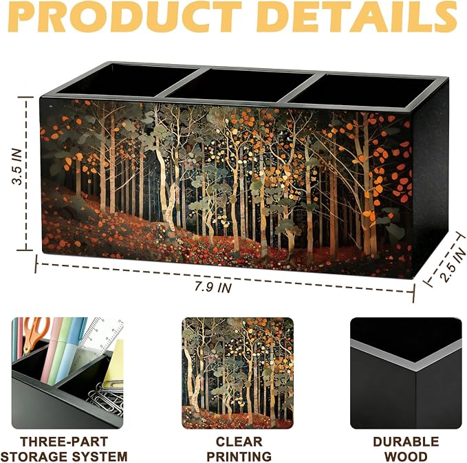 Vintage Forest Landscape Pen Pencil Holder for Desk, Dark Cottagecore Inspired Forest Wooden Box Sign Organizer for Home Office Bedroom Desk Accessories Tabletop Decorations