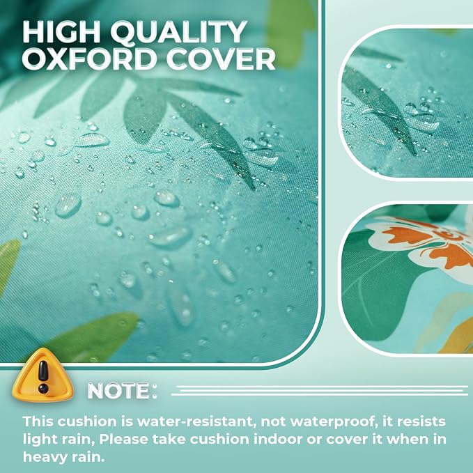 Outdoor Chaise Lounge Chair Cushion Waterproof 74.4 x 22 x 4.7 Inches Thickened Memory Foam Patio Lounge Chair Cushions Replacement for Outdoor Furniture with Ties, Cyan Floral Leaf
