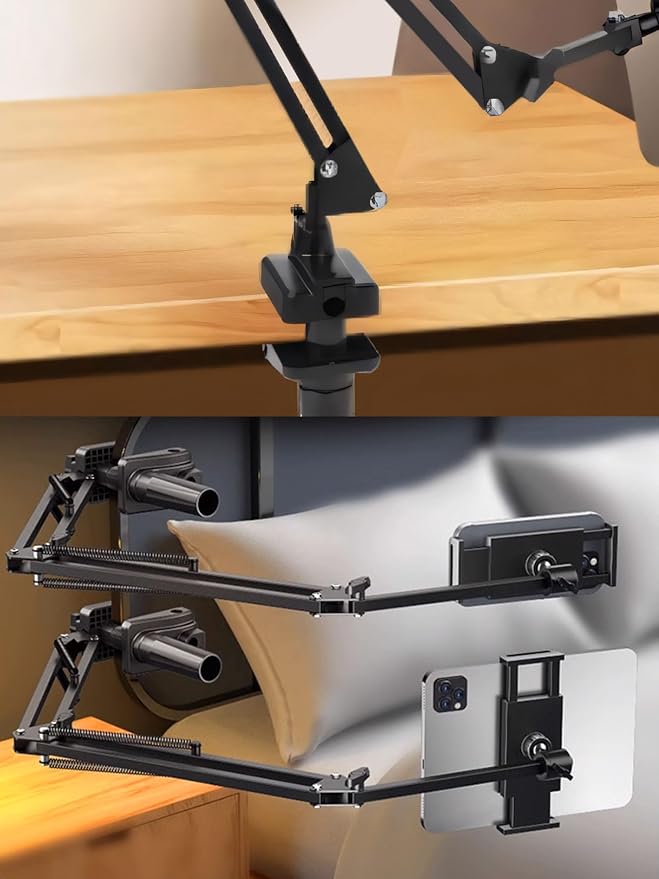 Desk Clamp Mount For Microphone Suspension Boom Scissor Arm Stand Holder, 5 Ways Boom Arm Insert Holes(12mm), Stable Installation on Tables/Beds up to 3.2 inches Thickness (Black)