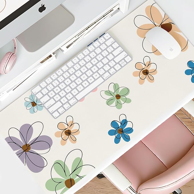 Mouse Pad Leather Desk Mat Large Keyboard Cute Office Desktop Computer Laptop XXL Long Big Aesthetic Modern Design Women Girls Gaming Gamer Oversized Wide Mousepad 31.5"x15.7", Line Flower