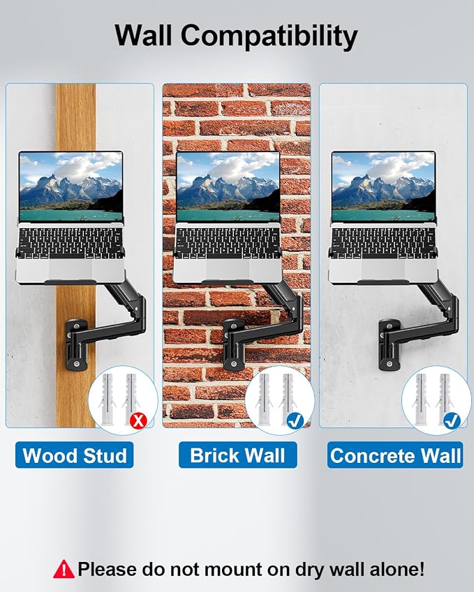 Laptop Wall Mount, 2-in-1 Monitor with Vented Tray | Fits Max 17" Notebook or 13- 32" Computer Screen, Adjustable Laptop Arm Holds 4.4-22lbs, Gas Spring Laptop Holder Stand
