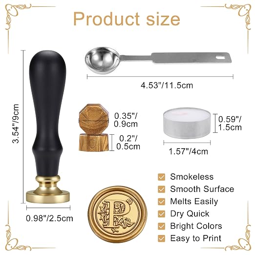 Yoption Traditional Initial Alphabet Wax Seal Stamp with 120 Antique Gold Wax Seal Beads Kit for Wedding Engagement Party Invitation Envelope Christmas Gift Wrap - Letter P