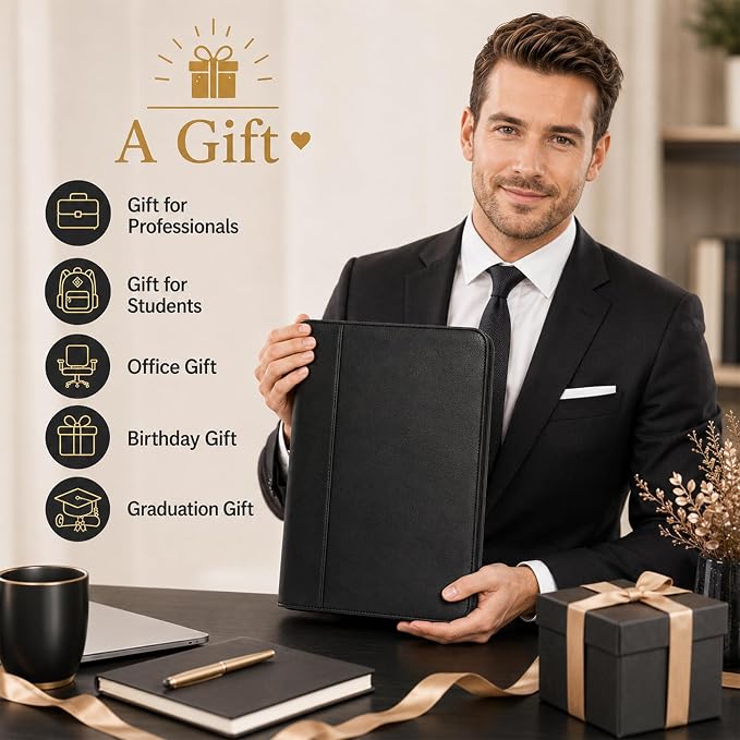 Darolin Vegan Leather Padfolio Portfolio with Zipper, Clipboard -Black | Professional Padfolio for Men Women, Business Resume Folder with Clipboard, Portfolio Bag, Padfolio Organizer for Work Travel