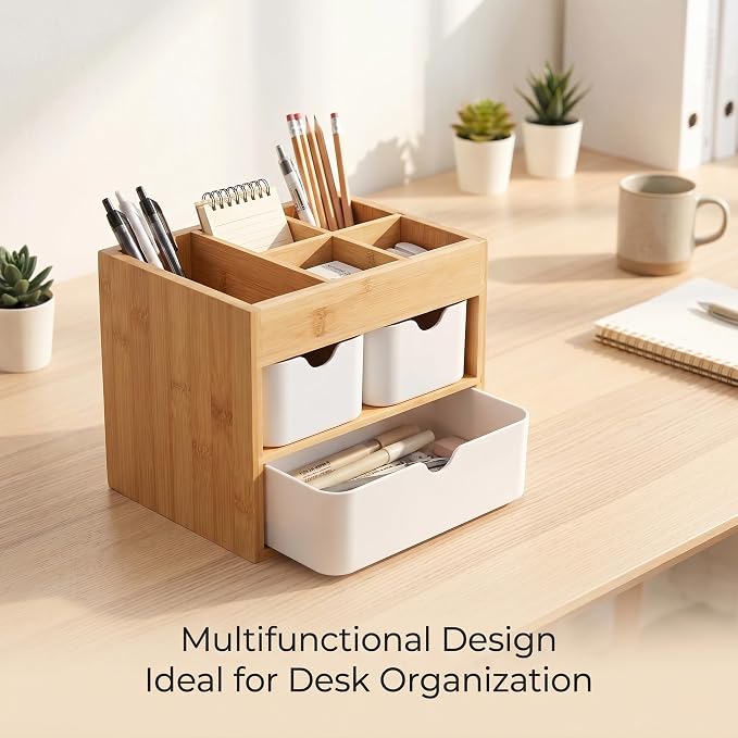 Small Bamboo Makeup Organizer with 3 Drawers | Wood Makeup Organizer, Dresser Cosmetic Box Organizer, For Home, Adjustable Dividers