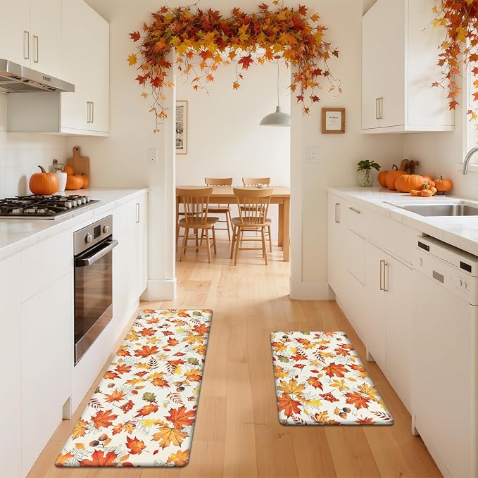 SHACOS Fall Anti Fatigue Kitchen Mats Orange Maple & Acorn 17x27.5+17x47 | Autumn Harvest Cushioned Kitchen Rugs Set of 2 Beige Non Slip Kitchen Floor Mat Ergonomic Standing Mats