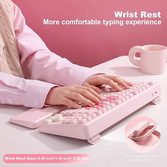 YUNZII B87 Wireless Mechanical Keyboard,QMK/VIA Programmable,TKL Layout 87 Keys,BT/2.4G/USB-C,Hot Swap Gasket Mount RGB Backlit Gaming with Wrist Rest for Win/Mac (Pink, Milk V2)
