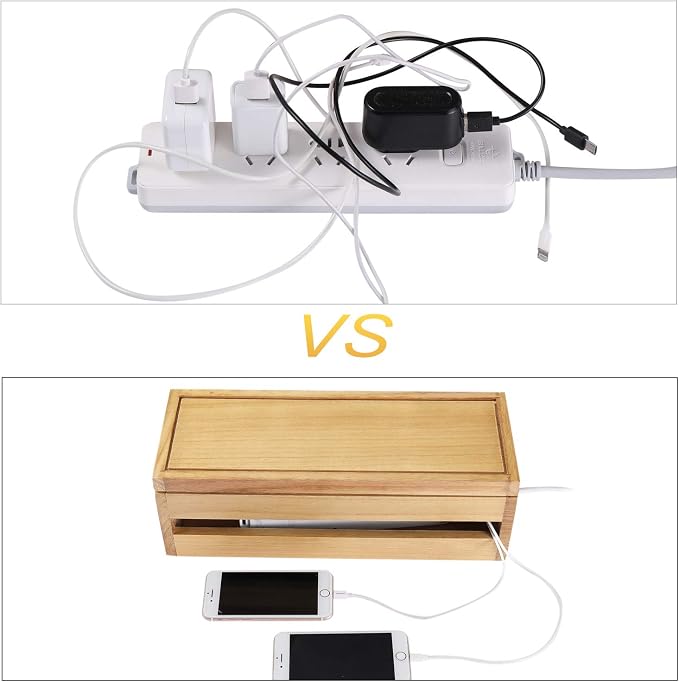 Changsuo Cable Management Box Wooden Cord Organizer Box for Extension Cord Power Stripe Surge Protector Wire Management Concealer Organizer Cover Hider for Desktop Home Office Kitchen (Light Natural)