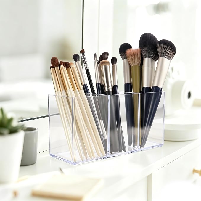 1 Pcs Acrylic Pen Holder 3 Compartments Clear Desk Organizer | Desk Organizer, Multi-Use Pencil Cup, Makeup Brush Silverware Caddy, For Office Classroom Bathroom Countertop Storage