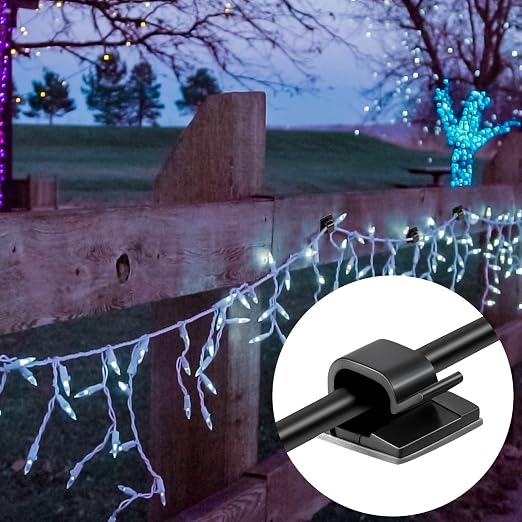 Maitys 60 Pcs Adhesive Cable Wire Clips Outdoor, Christmas Light Clips Cable Management Cord Holder Organizer for Fairy String Light Under Desk, Wall, Car, TV PC Ethernet(Small,Black)