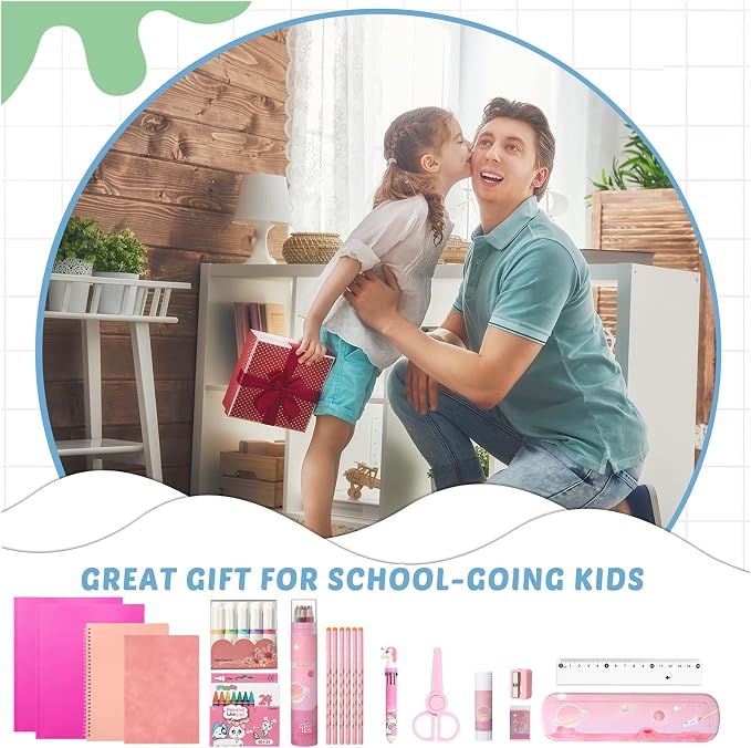 Sabary 58 Pcs Back to School Supply Bundle Kit for Girls Grades K-12, Essentials Box of Supplies Bundle, School Classroom Essentials Include Folders Notebook Pencil Pen Ruler Scissor and More(Pink)