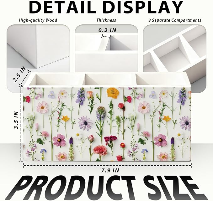 Floral Pen Pencil Holder for Desk Accessories, Cottagecore Colorful Wildflower Botanical Wooden Box Sign Decorations for Girls Room Bedroom Dorm Home Office Desk Tabletop