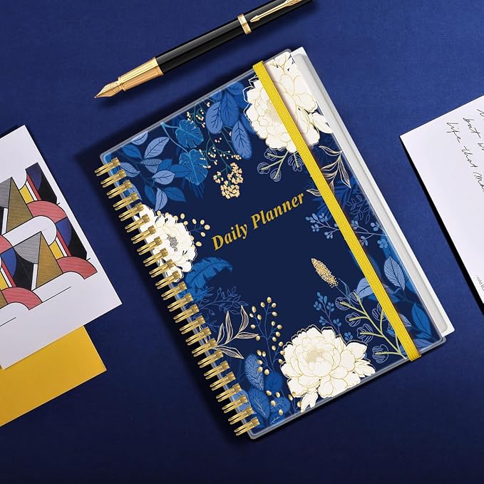 Daily Planner Undated - A5 To Do List Notebook Hourly Schedules, Spiral Appointment Planner for Women and Men, PVC Hardcover, Inner Pocket, Elastic Closure, 5.8" x 8.3", Blue Leaf Flower