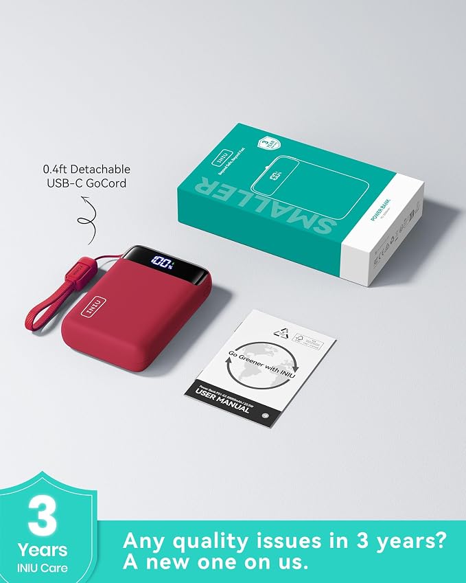 INIU Smallest 20000mAh Power Bank, 22.5W PD Fast Charging Portable Charger with USB-C Cable, Flight-Safe Battery Pack for Travel & Men Business Trips & Workout, Mini Size for iPhone Samsung iPad, Red