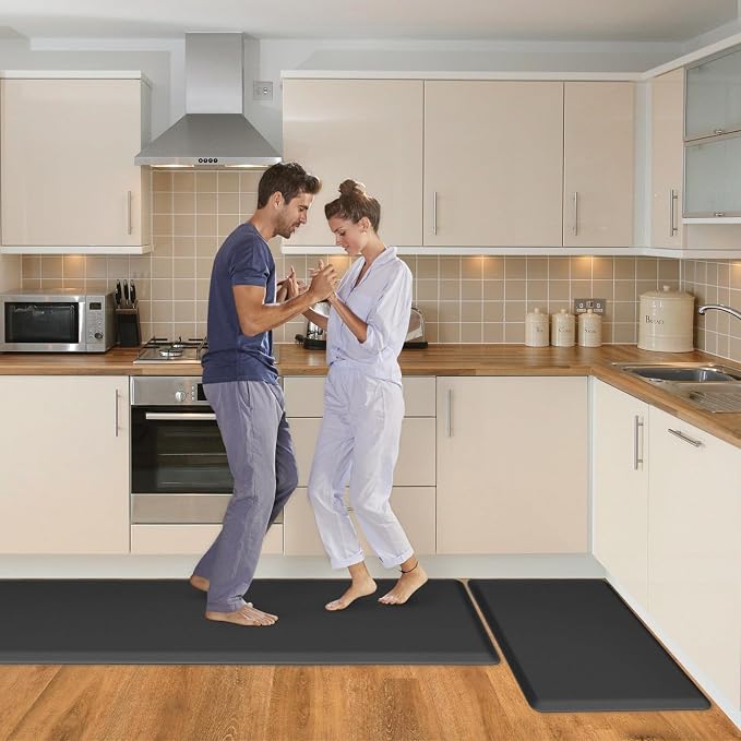 HappyTrends 2 PCS Kitchen Mat Cushioned Anti-Fatigue Floor Mat, Heavy Duty Ergonomic Comfort Foam Standing Mat, Waterproof Non-Slip Kitchen Rugs for Home, Office(20"x30"+20"x60",Black)