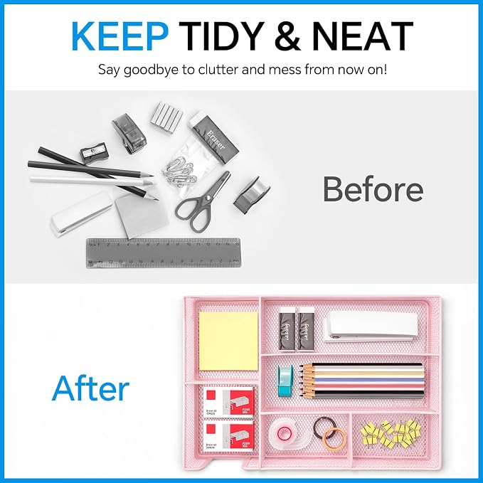 Desk Drawer Organizer, Office Drawer Divider Organizer Tray with 6 Compartments, Metal Mesh Desktop Organization and Accessories for Stationery Makeup Kitchen Toolroom School &Office (Large-Pink)