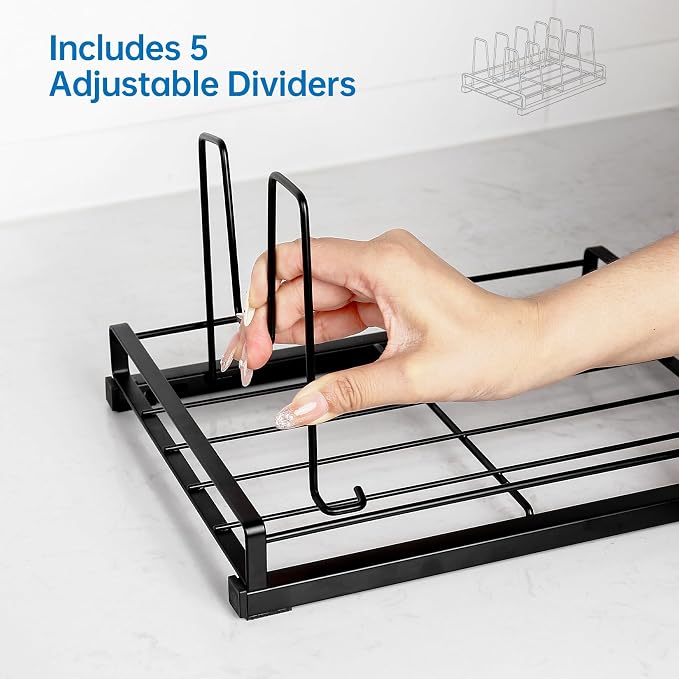 Small Food Container Lid Organizer with Adjustable 5 Dividers Black | Full Metal Pot and Pan Organizer Rack for Home Kitchen Cabinets, Drawers, Cupboards, Pantry Shelves Storage