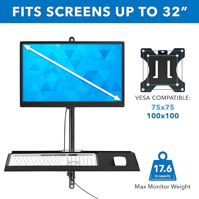 Mount-It! Single Monitor Arm Wall Mount Workstation with Keyboard Tray & CPU Holder, Height Adjustable Gas Spring Full Motion Computer Station, Fits 17–32” VESA 75x75 100x100, Black
