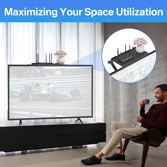 13-Inch Wide Platform Adjustable TV Top Shelf, Screen Top Shelf Mount, Monitor Top of TV Shelfs Mounting Bracket for Streaming Devices, Cable Box, Router and Home Decor TVs Top Storage Bracket