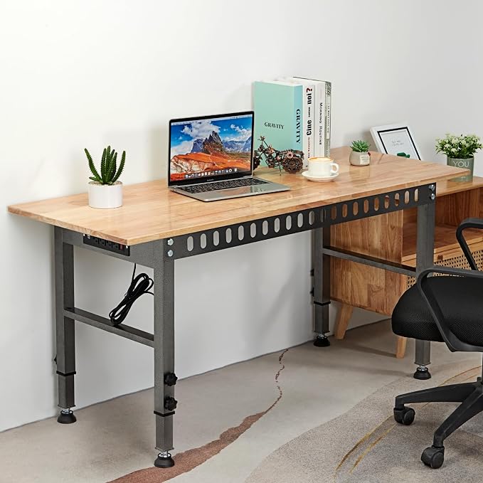 OLBRUS 54.3 "Adjustable Workbench with Power Outlet, Heavy Duty 2000 LBS Load Capacity Hardwood Workbench Suitable for Workshop, Office, Garage, Home (Rubber Pad丨Power Outlets 54.3"x21.6")