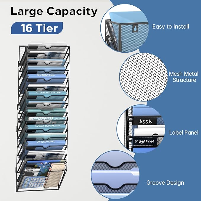 16 Tier Wall Hanging File Organizer, Paper Folder Holder Wall Mounted, Metal Mail Sorter for Office Home School, Black