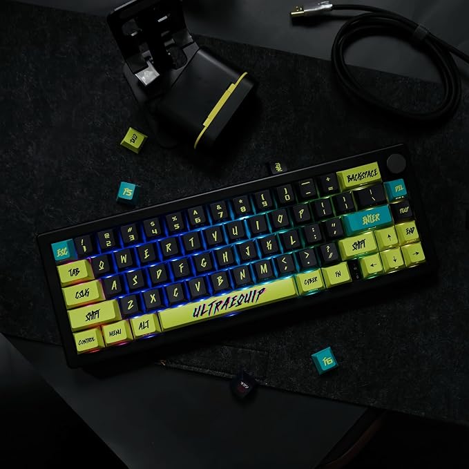PBT Keycaps V2 Cyberpunk Keycaps Shine Through Side Printed Thick Cherry Profile 130 Keys Dye Sub Custom Set for ISO ANSI 60 65 75 100 Percent Mechanical Keyboard -Cyber Lemon v2