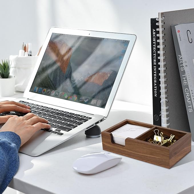 MultiBey Walnut Sticky Note Holder for Desk - 2-in-1 Organizer with Paper Clip Tray & 3x3 Post It Dispenser, Wood Self Stick Memo Pad Holder Dispenser Supplies Organizer for Office Home Schools