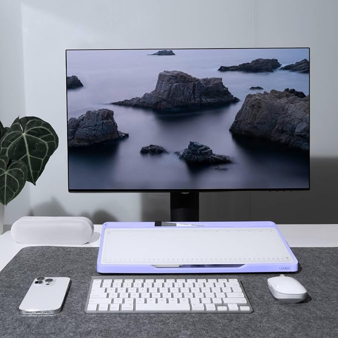LOUKIN Glass Desktop Whiteboard, 15.3" x 5.6" Dry Erase Desk Board with Dotted and Graduated Surface, Desktop Buddy, Great for Design and Drawing, 3 Markers and 1 Dry Erase Eraser Included (Purple)