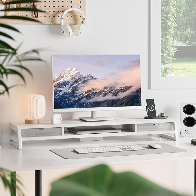 Fenge Dual Monitor Riser with Drwrs, Monitor Stand for Desk, 42.5 Inch Large Computer Monitor Stand for 2 27 Inches Monitors, 2 Tier Wooden Desk Shelf