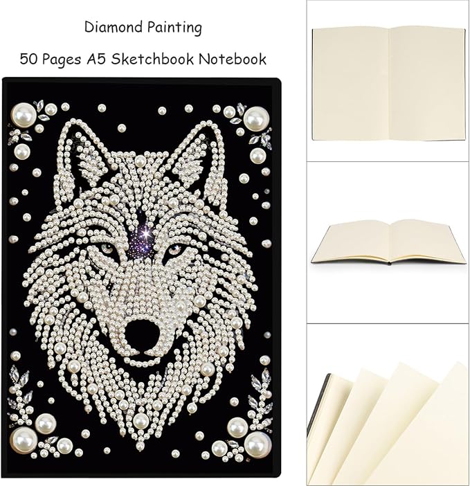 FRANDEK Pearl Painting Notebook Kit, Black and White Wolf A5 DIY Journal with 50 Blank Pages, Diamond Gem Art Cover with Waterproof Canvas, Beginner Craft Set with Full Tools for Adults