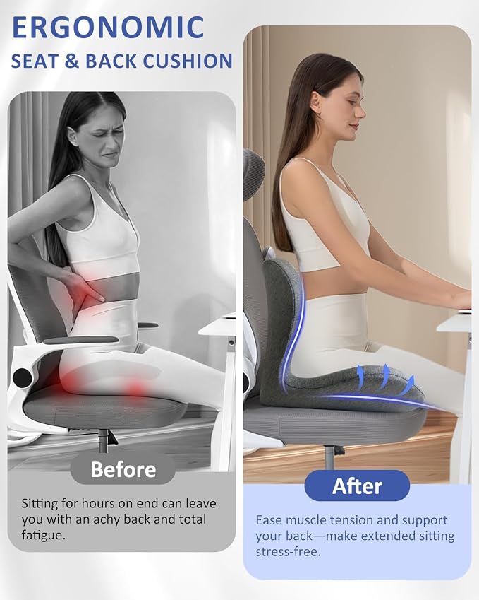 Seat Cushion with Back Support,Lumbar Support Pillow for Office Chair,X Large Memory Foam Chair Cushions for Sciatica Tailbone Pain Relief Coccyx Pad for Wheelchair, Car, Home, Office, Desk