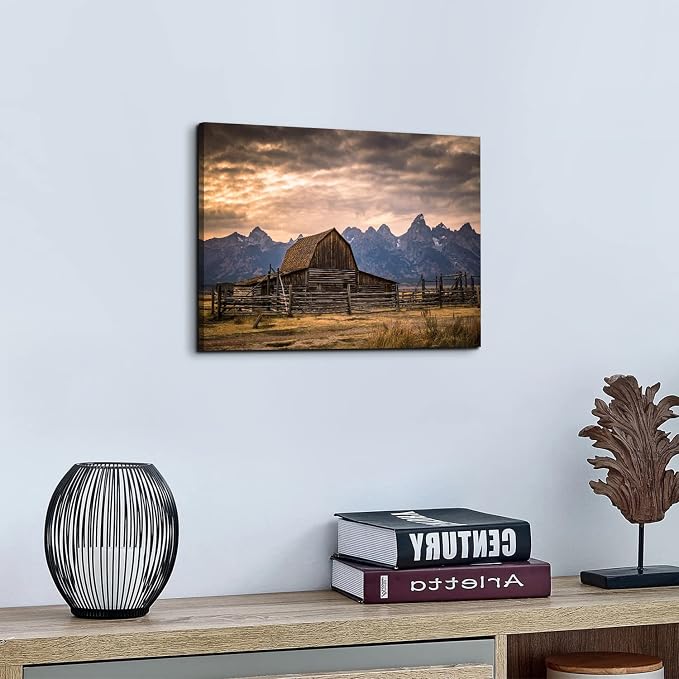 Grand Teton National Park Canvas Wall Art Sunset Moulton Barn Landscape Wall Decor, Wyoming Nature Mountains Scenery Picture Artwork Painting Decoration for Home Living Room Bedroom Kitchen 12x16"