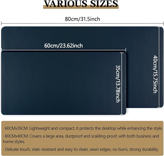 Dark Blue Leather Desk Pad Large Mouse Pad, 23.6"x13.8" | Waterproof Desk Mat for Keyboard and Mouse, Non-Slip Computer Desk Protector, Smooth Mouse Control for Home Office