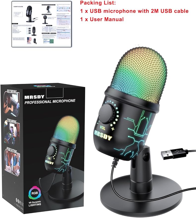 MRSDY USB Gaming Microphone for PC with Noise Reduction, Mute, Gain, RGB | Condenser Mic, Headphone Jack, Suitable for PC, Computer, PS4, PS5, Mac, Streaming, Podcasting, Recording, YouTube, Discord