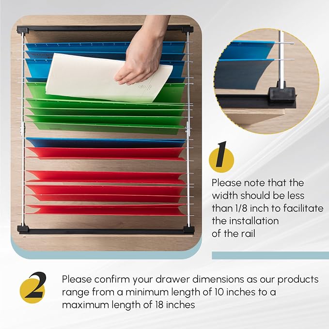 24 Pcs Metal Adjustable File Cabinet Rails Set Include 16 Hanging File Rail Clips 8 Cabinet Dividers Bars Suitable for Cabinets with Drawer Thickness Less Than 1/8 Inch(Silver,10-18.5 Inch)