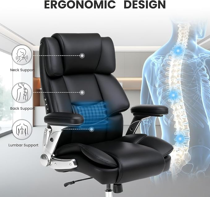 400lbs Big and Tall Executive Chair, Heavy Duty High Back Home Desk Chair | Ergonomic Office Chairs with 3D Kneading Massage, 3D Armrests, 5 Quiet Dual Rubber Wheel, Thick Pocket Spring Cushion