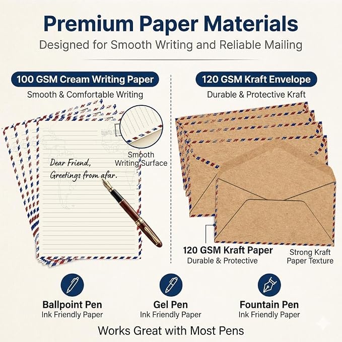 90 Pack Airmail Stationery Paper Set, Vintage Letter Writing Paper and Envelopes Set for Invitations, thank you Letters, or Casual Letters(6.9 x 9.25 In)