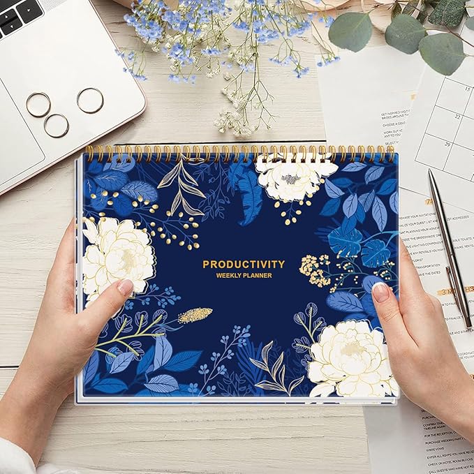 Weekly Productivity Planner - 8.5" x 11" Dashboard Desk Notepad Has 6 Focus Areas to List Tasks for Goals, Projects, Clients, Academic or Meal-Organize Your Daily Work Efficiently, 54 Weeks, Blue Leaf