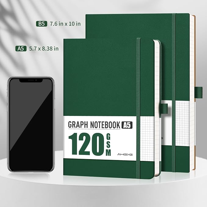 AHGXG Graph Paper Notebook - Grid Notebook Journal A5, 120 GSM Thick Graph Paper, 160 Pages, Leather Hardcover, for Graphing, Writing, Math, Engineering, 5.75'' × 8.38''- Green