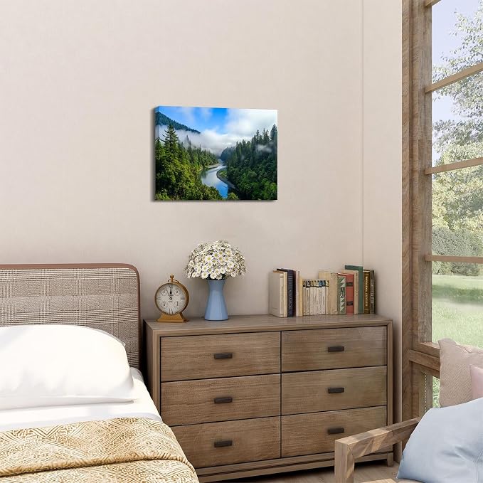 Smoky Mountain Canvas Wall Art for Living Room, Foggy Forest Landscape Wall Decor Nature Pine Trees Scenery Picture Prints Poster Mountains Lake Painting Artwork Home Bedroom Office Decorations 12x16”