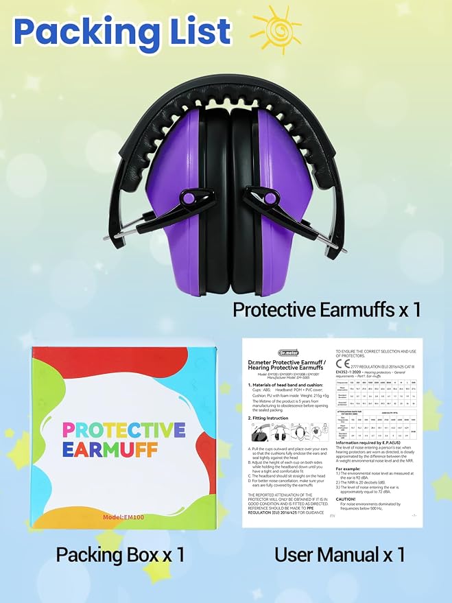 Dr.meter Ear Muffs for Noise Reduction: EM100 SNR27.4 Kids Ear Protection with Adjustable Headband - Kids Noise Cancelling Headphones for Monster Truck, Concerts, Fireworks and Air Shows - Purple