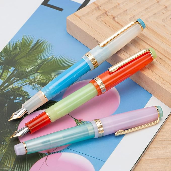 3 Jinhao 82 Fountain Pen Transparent Mixed Macaron Color Acrylic Extra Fine Point Gold Trim with Converter Set