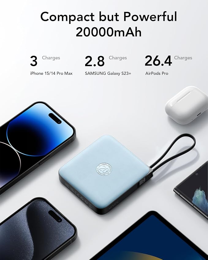 VRURC 20000mAh Portable Charger Fast Charging with Built-in 4 Cables(1Pack) | Travel Essentials, 22.5 W Battery Pack, Power Bank for iPhone 17/16/15 Series, Samsung Galaxy Series, Phone, Blue