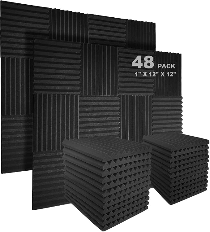 JBER Sound Proof Foam Panels Studio Acoustic Foam Panels, 48 Pack 1" X 12" X 12" Soundproofing Wedges Sound Proof Padding Fireproof Acoustic Treatment for Home Office - Black