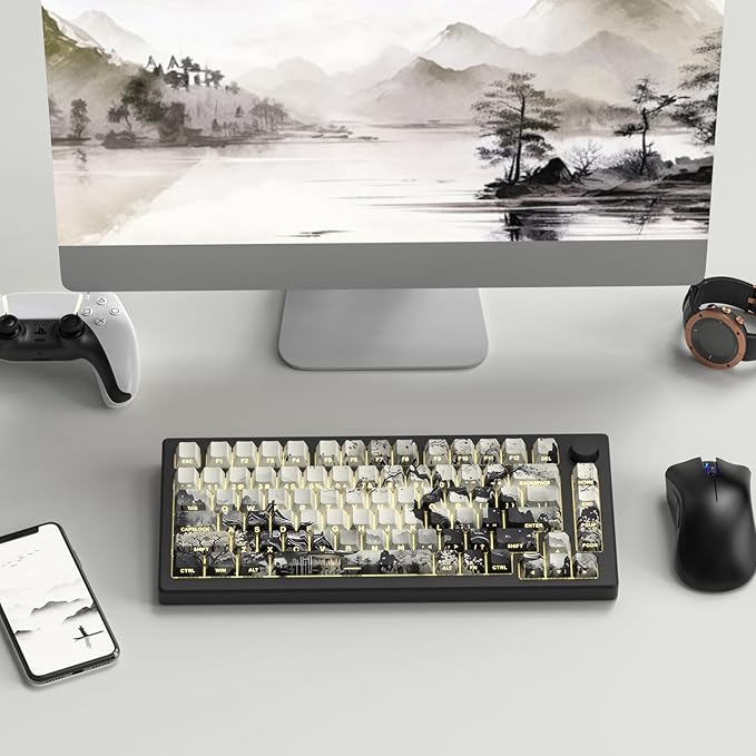 Womier PBT Keycaps Set 130 Keys, Custom White Japanese Keyboard Doubleshot Dye Sub Side Print Shine Through Keycaps 60 65 75 100 Percent, Cherry Profile (Ink Painting)