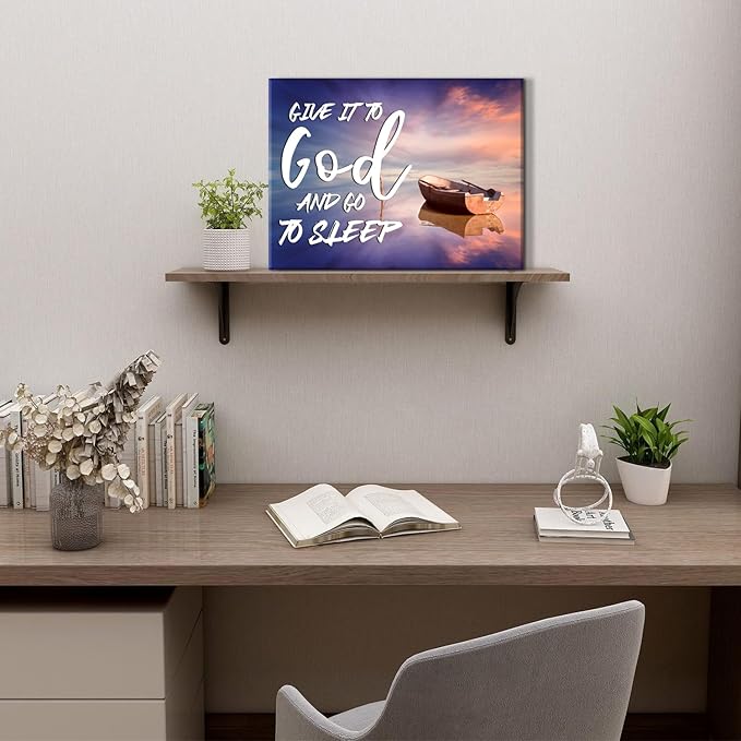 Beach Christian Wall Art Canvas Give It to God and Go to Sleep Religious Sign Poster Bedroom Wall Decor Bible Verse Scripture Artwork Sunset Boat Picture Living Room Above Bed Home Decorations 12x16''