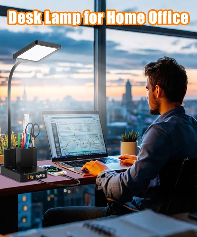Desk Lamp, COZOO LED Desk Lamps for Home Office with USB Charging Port/Outlet/Organizer,Desk Lamp for College Dorm Eye-Caring Study Light,Gooseneck Table Lamp with Pen Holders/Storage,9 Lighting Modes