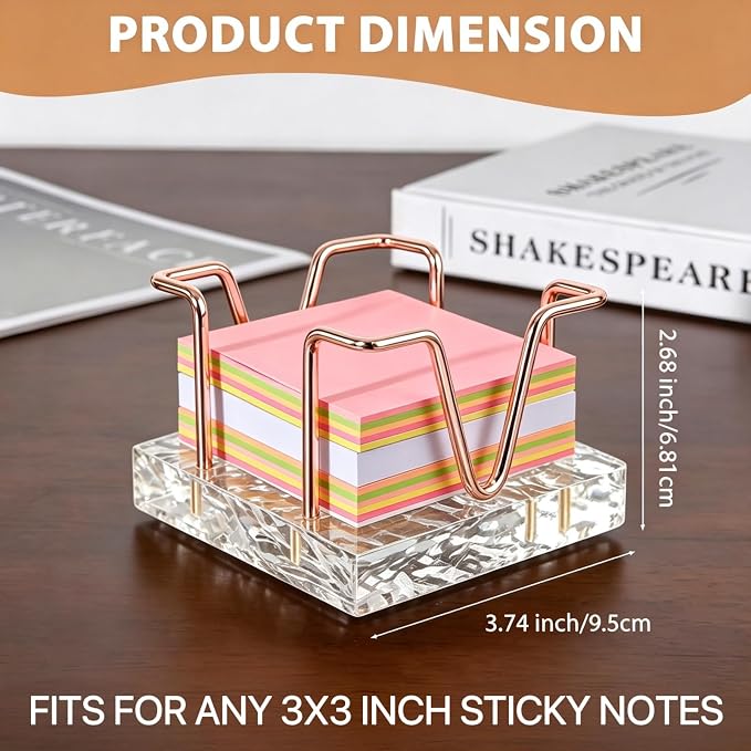 Sticky Note Holder, 3 x 3 inch Self Stick Note Pad Holder, Post It Note Dispenser Desk Accessories for School and Office Desk Organizer, Rose Gold & Clear Acrylic