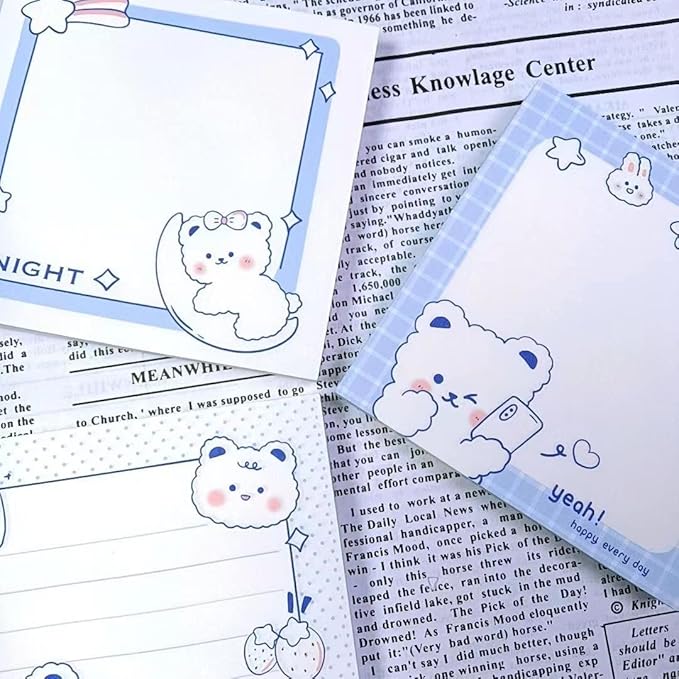 4 Pack Cute Sticky Notes Kawaii Sticky Notes Memo Pads 3.1x3.1 Inches Fresh Bear Series Self-Stick Note Pads for Girls Boys Students School Office Home (320 Sheets), 4 Pads 80 Sheets/Pad