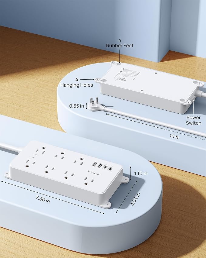TROND Surge Protector Power Strip 10ft, ETL Listed, Flat Plug Long Extension Cord with 2 USB A and 2 USB C, 7 Widely-Spaced Outlets, Wall Mountable, 1700 Joules, White