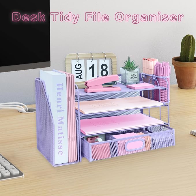 Desk Organizers and Accessories with File Holder, 4-Tier Paper Letter Tray Organiser with Drawer and 2 Pen Holder, Mesh Desktop Document Organizer for Office Supplies, Workspace - Purple